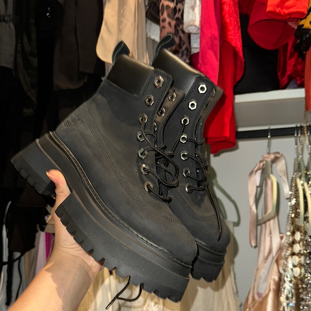 Timberland Black Combat Moto Boots with Platform Sole